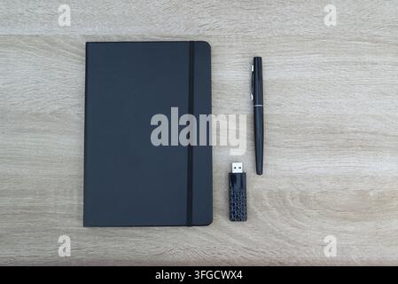 Symmetric overhead flat lay composition featuring a closed black hardcover notebook with elastic band, a sleek pen, and a patterned USB flash drive pe Stock Photo