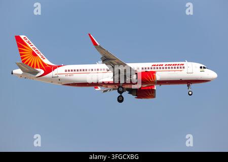 Air India Airbus A320 NEO (VT-RTT) landing at Dubai International Airport on November 23, 2025 in Dubai, UAE Stock Photo