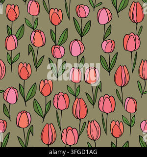 Floral colorful vector illustration with tulips. Simple minimalistic pattern with nature elements. Vector illustration for fabric, textile, poster Stock Vector