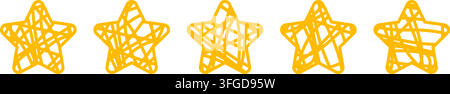Five hand drawn scribble stars in yellow on white background. Vector illustration for five star rating, review, and quality concepts. Stock Vector