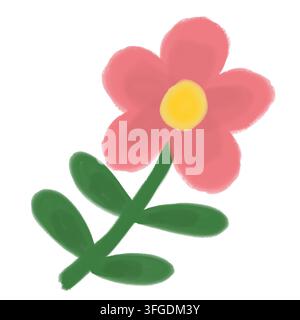 A charming hand-drawn flower with rounded petals, a bright centered eye, and a leafy stem, isolated on a white background — ideal for spring-themed. Stock Photo