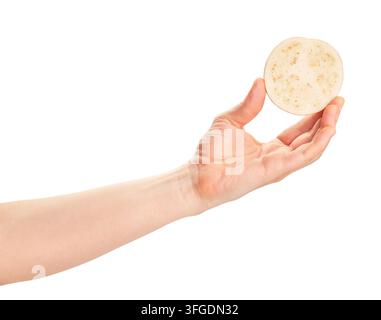 sliced white eggplant in hand path isolated on white Stock Photo