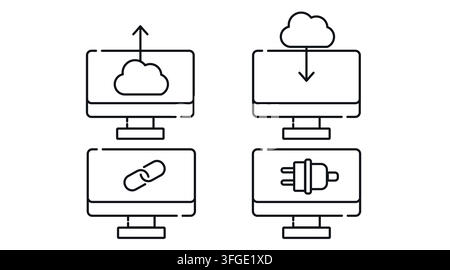 Cloud computing transfer and web connectivity computer monitors vector icons set. Black line art style on white background. Stock Vector