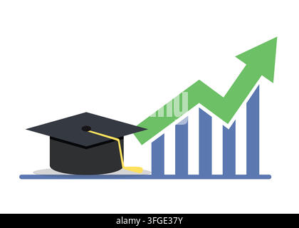 Flat vector illustration depicting growth in education featuring a graduation cap, blue bar chart, and an upward green trend arrow. Stock Vector