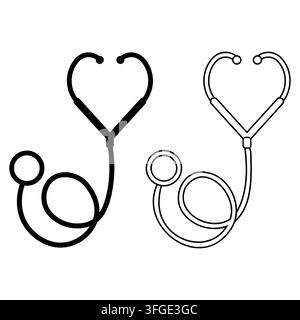 Minimalist medical illustration featuring a set of stethoscopes designed in two styles, a solid silhouette and a linear outline, ideal for healthcare Stock Vector