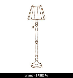Tall floor lamp with a lampshade and a pull-chain switch. Retro vector outline illustration. Isolated linear clip art.  Stock Vector