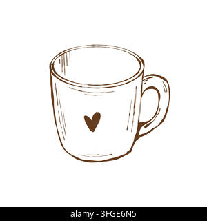 Cute empty ceramic mug with a heart, for tea and coffee. Isolated linear retro vector illustration. Autumn accessory. Stock Vector