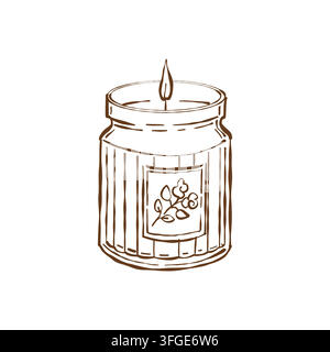 Hand-drawn modern candle in a glass jar. Vector isolated outline illustration in a sketch style. Stock Vector