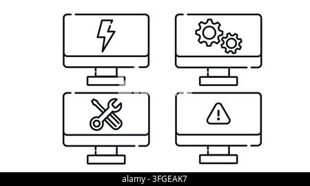 Computer maintenance and PC performance monitor vector icons set. Black line art style on white background. Stock Vector
