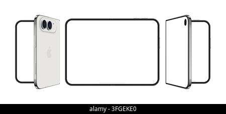 Antalya, Turkey - September 12, 2026: Apple iPhone Duo foldable smartphone shown open and folded in multiple views with blank displays on white backgr Stock Vector
