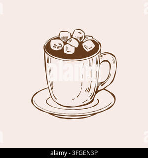 Outline sketch of a cup of coffee with marshmallows. Hot chocolate, cocoa. Vintage brown outline clipart on an isolated background. Stock Vector