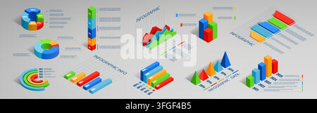 3d graph icons. Graphic data chart, line business set numbers or timeline diagram. Modern creative simple sign. Colorful infographic visualization for presentation template. Vector design isolated set Stock Vector