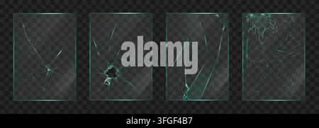 Glass crack effect. Window, mirror screen or shatter phone concept with break texture. Smash pane frame. Transparent shattered screen textures. Posters design. Vector realistic overlay background Stock Vector