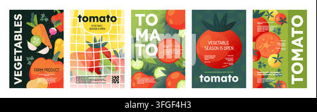 Tomato icons. Modern vegetable plant, geometric eco seed or flat half of corn market poster. Agriculture cuts, seasonal harvest promotion, modern graphic design. Vector cartoon isolated illustration Stock Vector