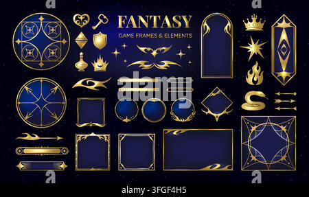 Gothic frames set. Fantasy ui game interface, medieval menu with dark magic corners. Gold devil stream. Decorative ornate borders with magic symbols, elegant icons for cards and buttons, vector label Stock Vector