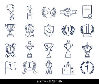 Doodle winner medal set. Hand drawn win award sketch, champion success competition or icon best victory ribbon. Achievement sign for ribbons and certificates, Vector emblem isolated illustration Stock Vector