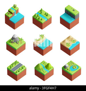 Isometric land. Tree, landscape and water cube icons, plant grass garden or sea and hill symbol. Happy nature grow diorama. Blocks with palms, mountain and sea. Vector isolated render illustration Stock Vector