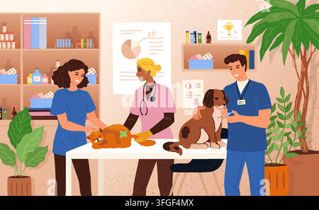 Vet clinic. Veterinarian dog hospital, veterinary pet doctor for cat, puppy animal characters. Medicine treatments, animal healthcare, medical services. Vector cartoon flat style isolated illustration Stock Vector