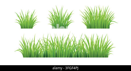 Easter grass. 3d green bush, tuft plant border or meadow lawn field. Garden leaf vegetation, agricultural farm leaves. Spring nature plant. Realistic isolated elements for design. Vector background Stock Vector