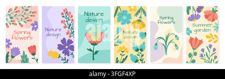Floral poster set. Colorful hand drawn botanical covers with seasonal flowers and decorative typography, nature themed design templates and vibrant spring summer vector cartoon isolated illustration Stock Vector