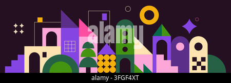 Geometric city. Abstract geometry kid shapes, fun color child art for minimal creative children architecture game landscape. Modern mosaic background. Vector cartoon flat style isolated illustration Stock Vector