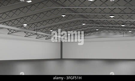 Expo hall 3d. Empty stand in showroom center, ceiling floor in pavilion space. Light commercial minimal gray interior, entrance. Industrial warehouse, commercial storage, vector realistic background Stock Vector