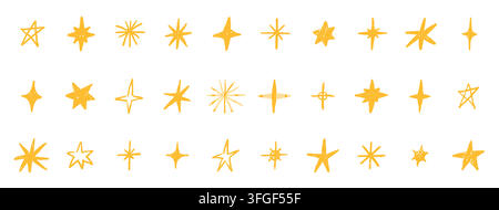 Brush stars. Hand drawn texture yellow elements, cute school pencil retro sketch. Line grunge childish stickers, sparkle and starburst symbols, festive graphic elements. Vector hand drawn design set Stock Vector