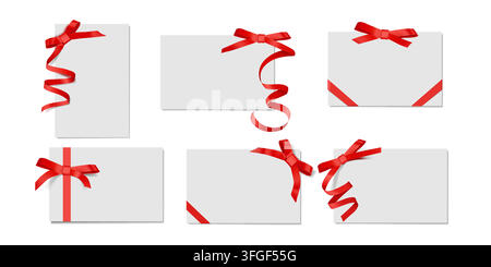 Note tag. Present gift bow, message ribbons decoration or price template. Red birthday sign, white empty paper label card. Festive packaging, celebration blank postcard. Vector isolated illustration Stock Vector