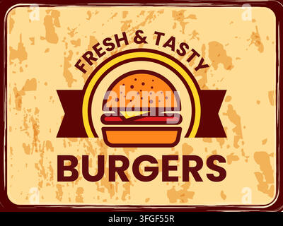 Burger logo. Fresh and tasty fast food. Menu product label. Minimalistic streetfood grilled takeaway snack. Advertising promotion poster. Vector cartoon flat style isolated cheeseburger illustration Stock Vector