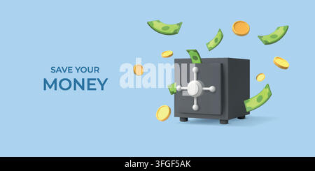 3d money icon. Bank coin safe, treasure saving box or financial protection lock. Dollar security door. Financial security, savings money. Banner template. Vector cartoon render isolated illustration Stock Vector