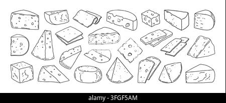 Cheese icons. Doodle cheddar slice, hand drawn swiss parmesan or mozzarella, gouda food cooking. Gourmet assortment products. Culinary menu elements in line, mozzarella or feta. Vector isolated design Stock Vector