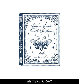 A book with a beautiful decorative patterned cover. Butterfly, insects. A classic book. Vector blue outline illustration. Stock Vector