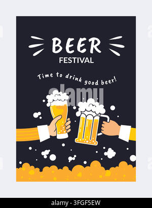Beer festival poster. Hands clinking beer glasses with foam lager, ale on dark background, celebration, bar culture and beverage event promotion design. Vector cartoon flat style isolated illustration Stock Vector