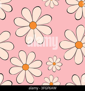 Seamless blooming floral pattern based on hand drawn art ornament. Colorful chamomile flowers, leaves, plants on color background. Vector illustration Stock Vector