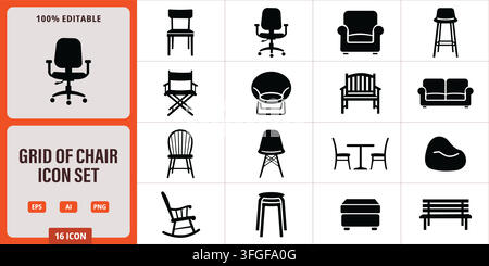 Collection of sixteen flat black furniture silhouettes including office chairs sofas stools benches and various seat types. Stock Vector