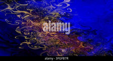 Abstract fluid background with royal blue satin waves and gold liquid acrylic swirls. Luxury banner design for tech, product packaging, and event. Stock Photo