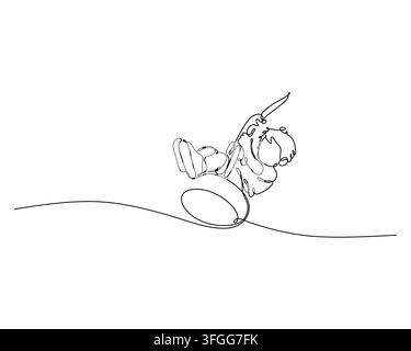 Continuous line art depicts an astronaut explorer sitting on a moon surface holding a flag representing the spirit of space travel and new discoveries Stock Vector