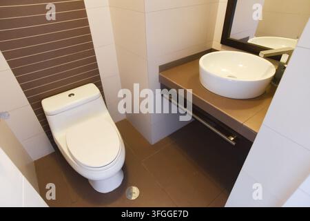 Modern Bathroom Elegance: A sleek, contemporary bathroom featuring a minimalist toilet and a vessel sink atop a wooden vanity Stock Photo