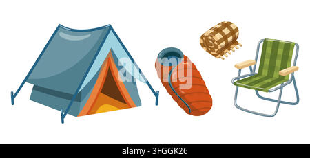 Camping tent, sleeping bag, rolled blanket and folding chair set. Cartoon vector illustration on white background Stock Vector