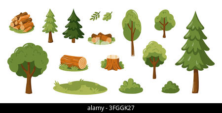 Forest trees, logs, branches, stump, leaves, bushes and grass set. Cartoon vector illustration on white background.  Stock Vector