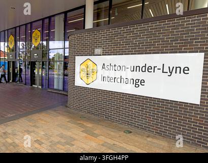 Ashton-under-Lyne Interchange with Bee Network buses and Metrolink, Tameside, Greater Manchester, UK. Stock Photo