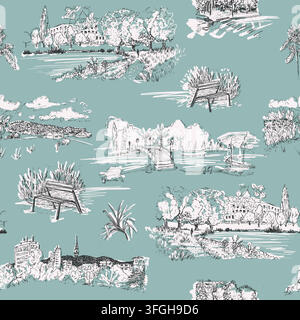 Toile De Jouy Seamless Pattern Vector, Turquoise Green City Park Urban Landscape Hand Drawn Engraving Wallpaper, Vintage Botanical Garden Bratislava Stock Vector