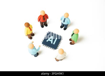 Group of business people surrounding an AI microchip. AI technology and its implementation in business processes. Technology investment. Artificial intelligence drives automation - Photomontage Stock Photo