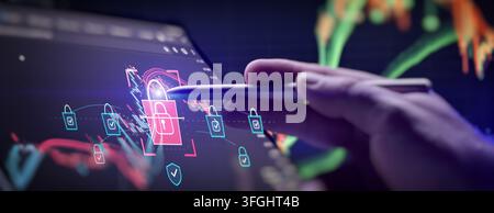 Secure online investment and data protection. Shield and lock symbols over financial stock market graphs on a tablet display Stock Photo