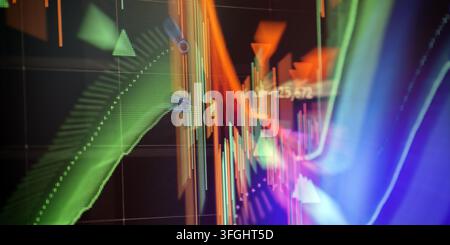Futuristic digital trading display showing cryptocurrency market volatility and extreme dynamics. Stock Photo