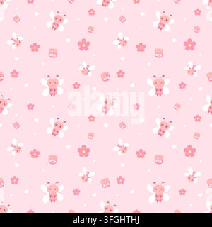 Cute pink seamless pattern featuring adorable bees, honey jars, flowers, hearts and tiny sparkles on a soft pastel background. Sweet design for fabric Stock Vector