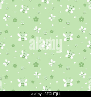 Cute pastel green seamless pattern with adorable bees, honey jars, flowers, hearts and sparkling details. Soft nature-inspired background for fabric, Stock Vector