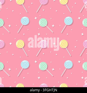 Cute seamless pattern featuring colorful swirl lollipops in pink, yellow, blue and mint green with sparkling stars on a pink background. Sweet playful Stock Vector