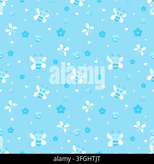 Cute bright blue seamless pattern featuring adorable bees, honey jars, flowers, hearts and tiny sparkles. Cheerful playful design for fabric, wallpape Stock Vector