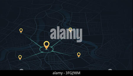 Central hub location map with connecting lines. Radar search radius on dark city grid. Vector illustration. Stock Vector